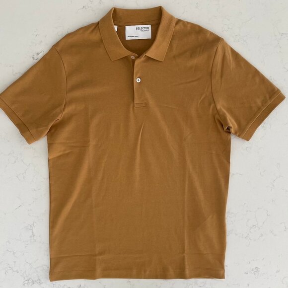 Selected/Homme SLHPARIS SS Organic Cotton Polo Shirt Wood Thrush Gold Sz M NWT - Picture 10 of 10